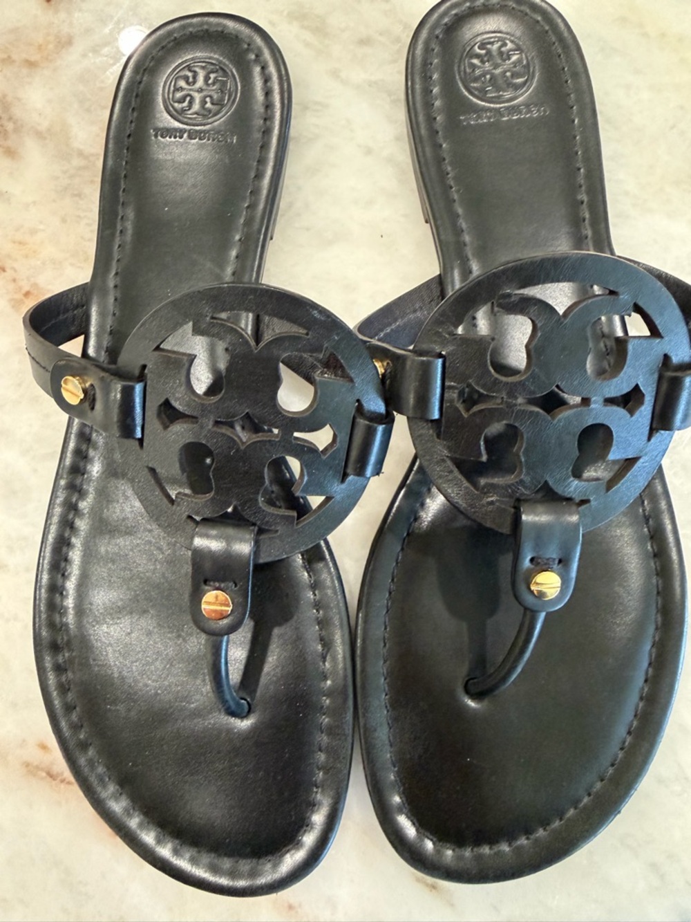 Tory Burch Black Miller Logo Thong Sandals with Gold Studs - Picture 2 of 5